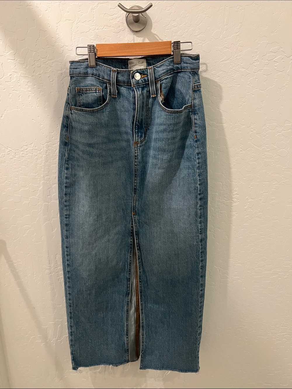 High-Waist Blue Denim Midi Skirt with Front Slit